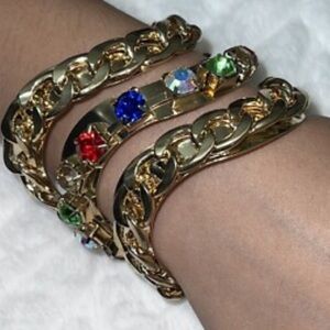 Body Rythm NEW YORK Gold Wide Cuff Bracelet Multicolor Gems Chunky Pink Blue Gr